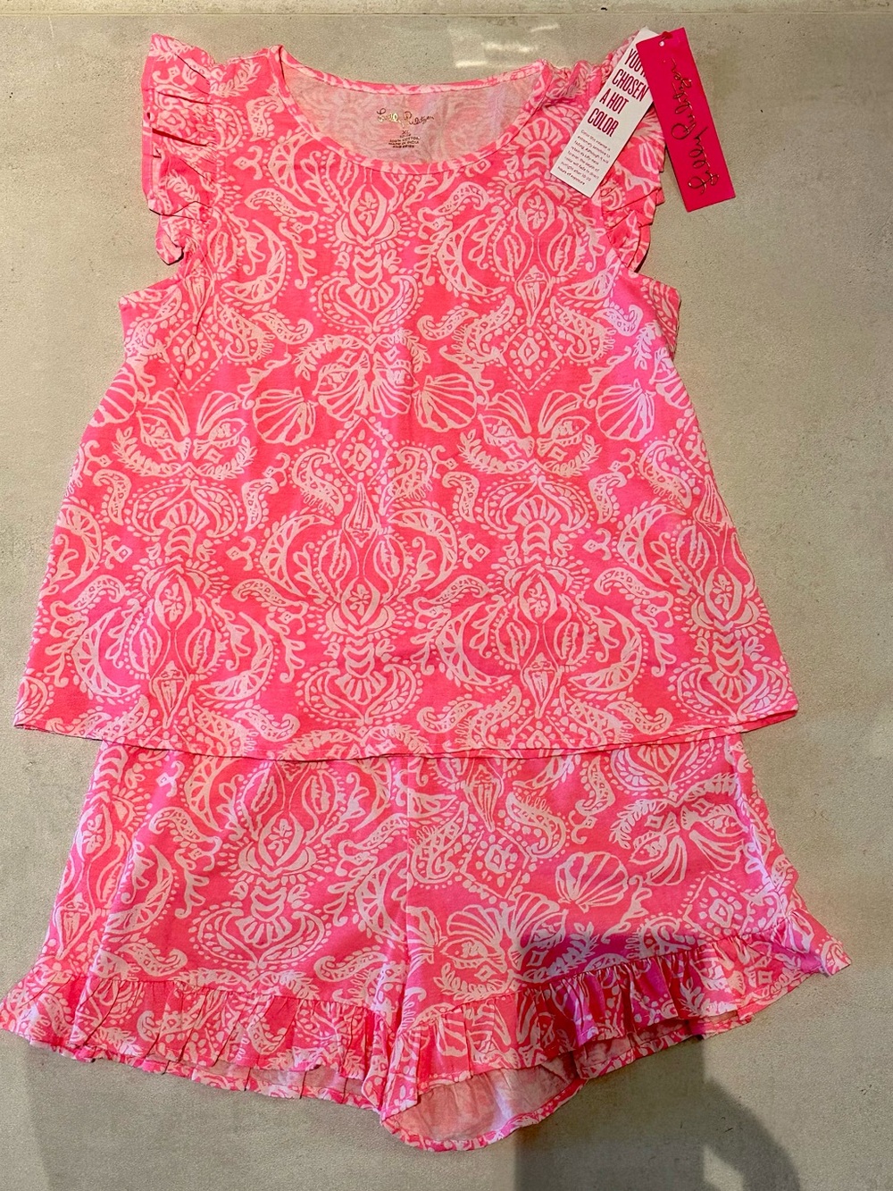 Lilly Pulitzer Girls’ Pink Paisley Top & Ruffle Shorts Set Size XL NWT